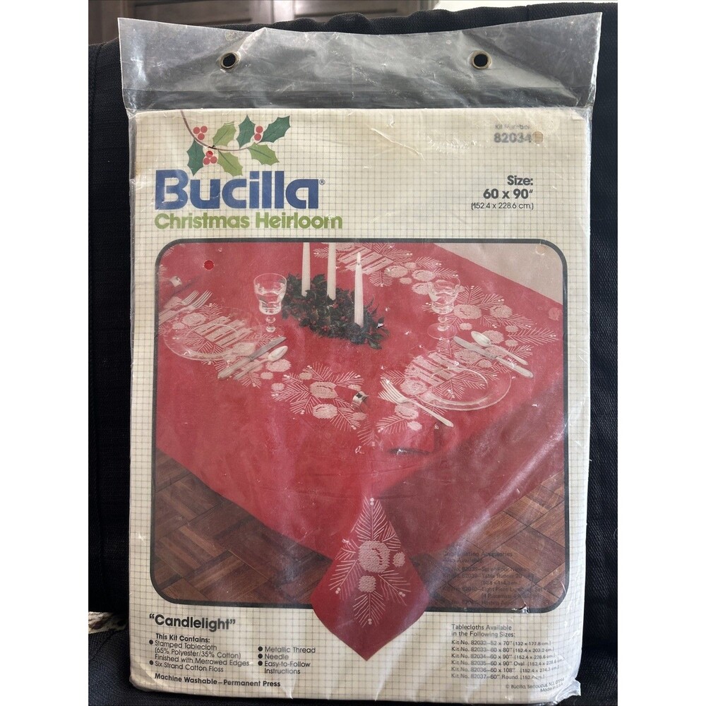 Vintage Bucilla Christmas Heirloom Red 60x90” Cross Stitched Tablecloth